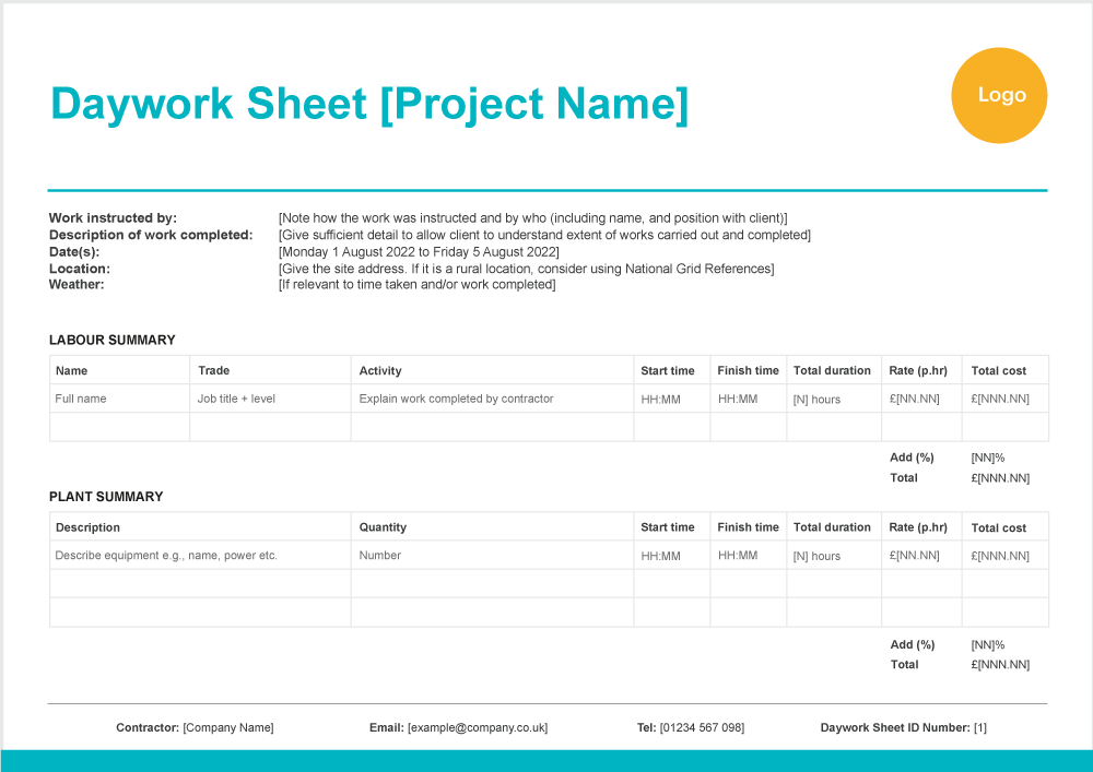 Dayworks Sheet Template