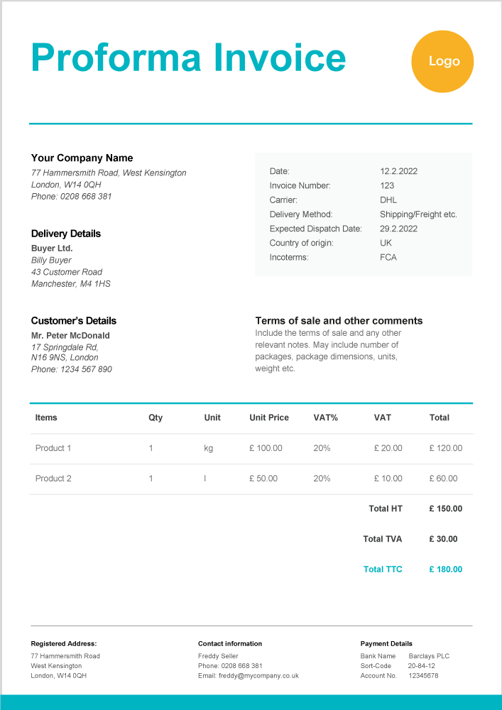 Free Pro Forma Invoice Template