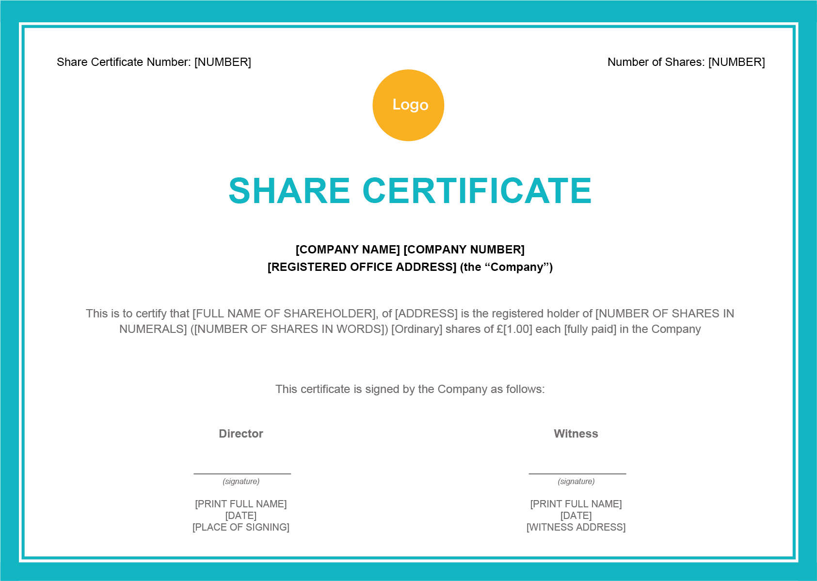 shareholding certificate template