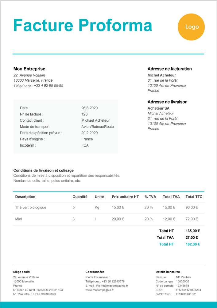 Modèle facture proforma à télécharger gratuitement sous Word et Excel