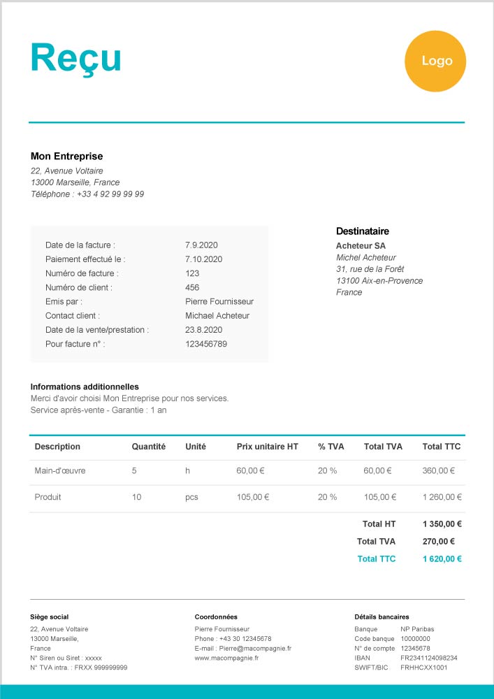 Modèle De Reçu De Paiement à Imprimer Gratuit Zervant