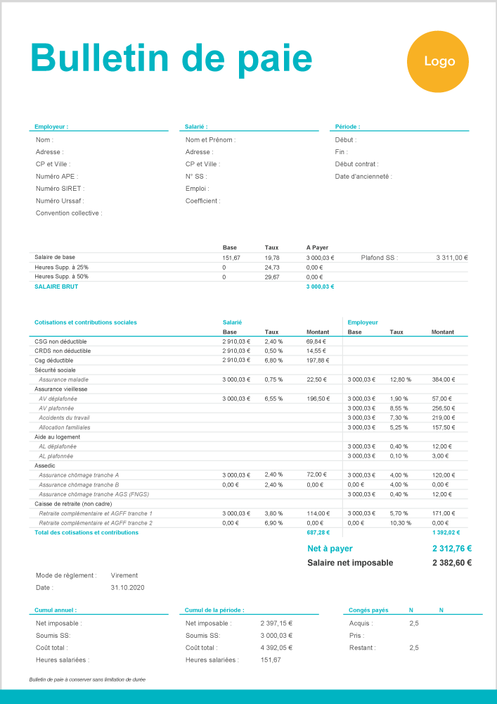 Exemplaire Fiche De Paie Fiche De Paie En Ligne A Remplir Gratuitement - Zervant