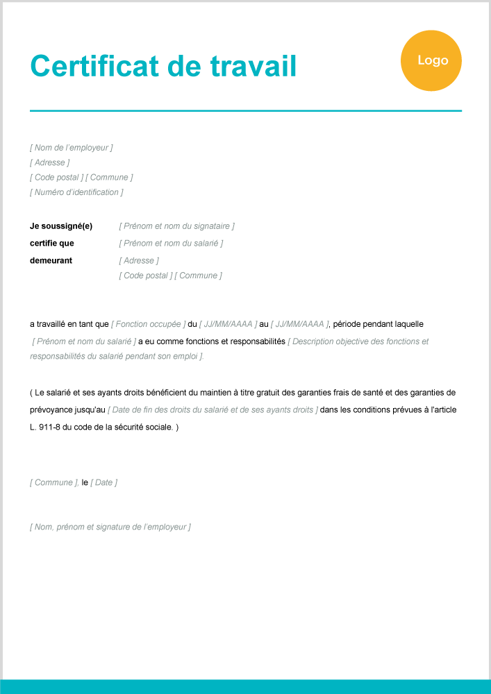 modèle de certificat de travail