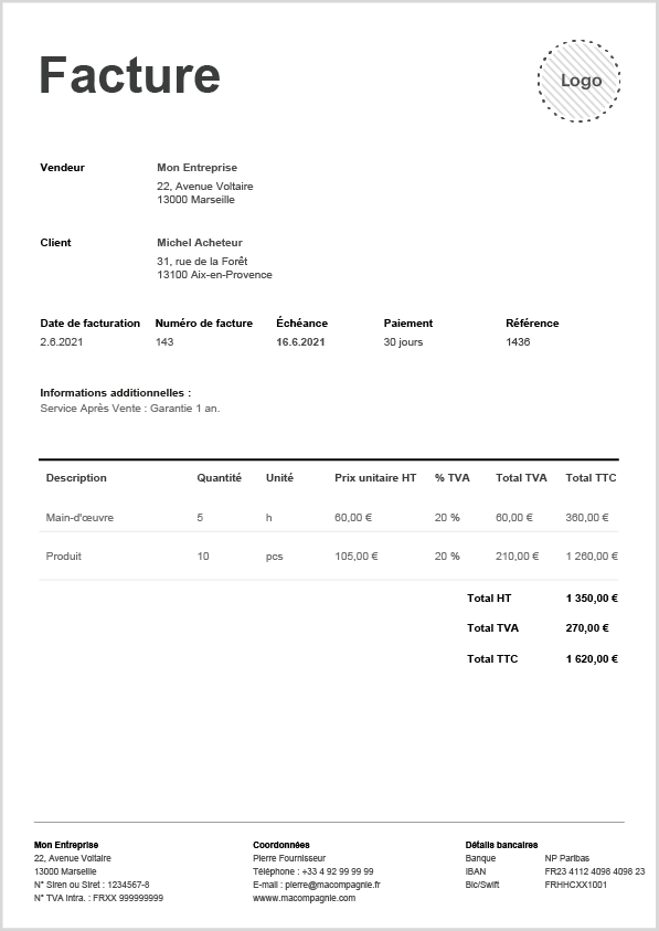 Template facture auto-entrepreneur sans TVA A4 (en français)