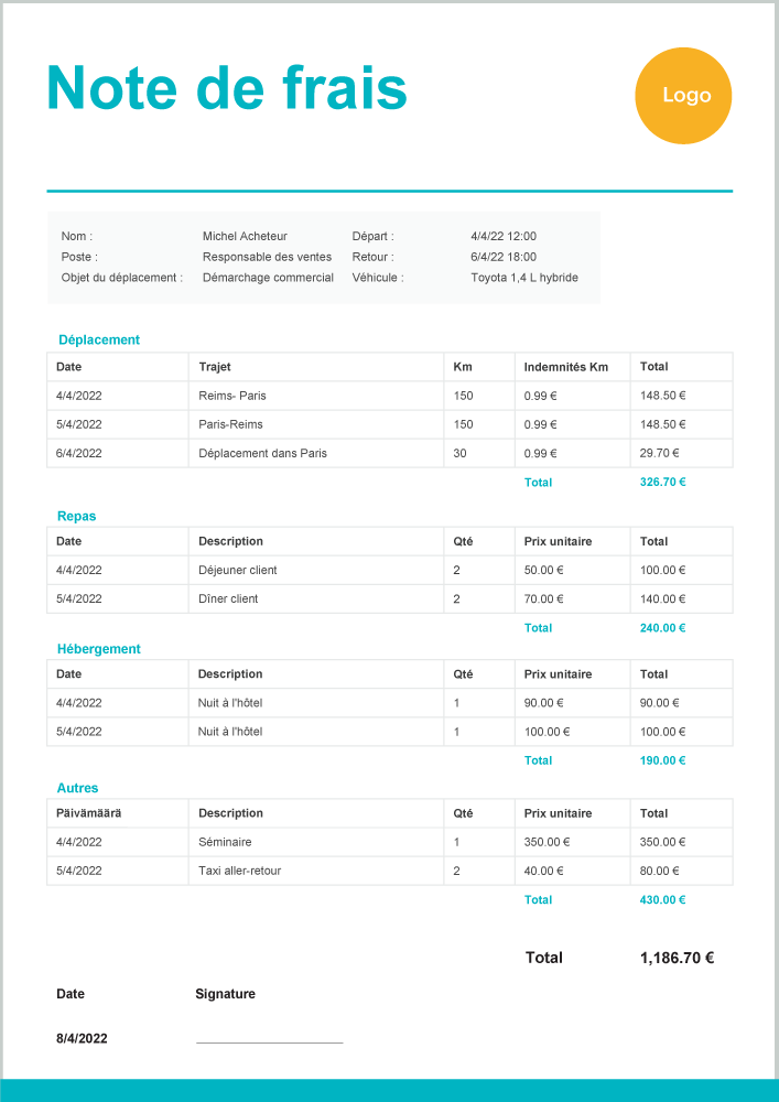 Modèle note de frais Excel et indemnité de déplacement Zervant